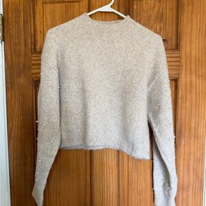 cupcakes & cashmere cropped mock neck Sweater with Pearl Details